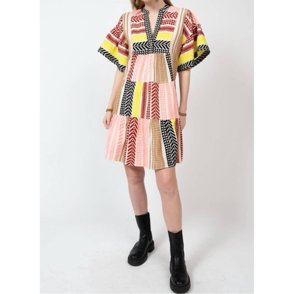 BNWT Uncle Frank Creme Multicolor Aztec Print Embroidered Mini Dress Sz S Boho